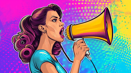 Wow pop art. beautiful woman with megaphone banner. Vector colorful background in pop art retro comic style. Shopping discount concept
