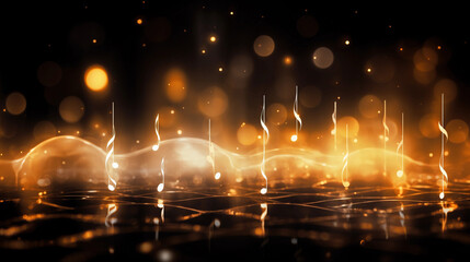 music note on a black background, blurry lights, gold musical note, bokeh, abstract background,...