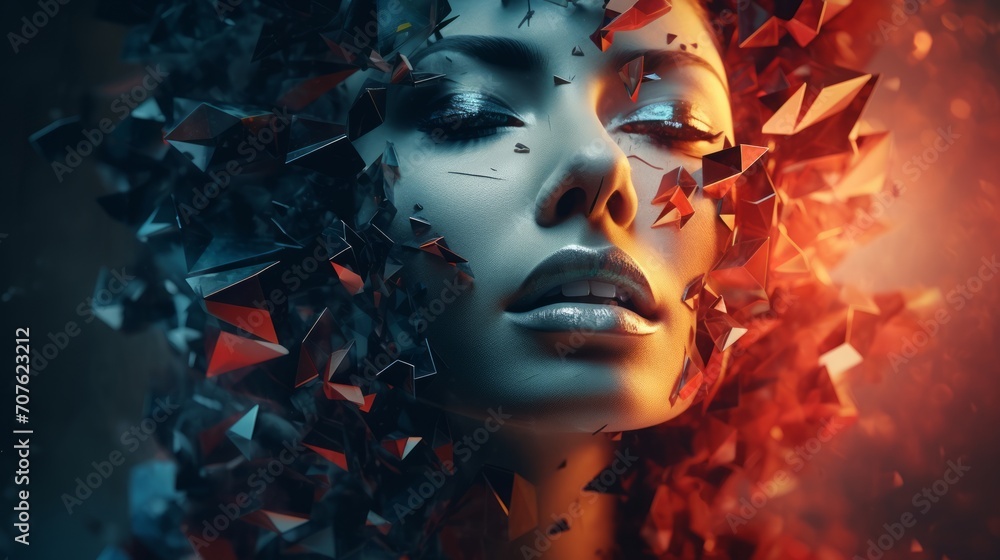 Poster Fragmented and distorted shapes creating a unique and abstract visual tapestry. Woman's face Generative AI