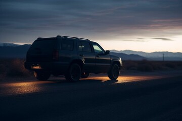 Fototapeta na wymiar profile of a vehicle on a road during dusk. Generative AI