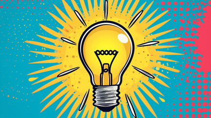 Wow pop art. Lightbulb and new idea concept.  Vector colorful background in pop art retro comic style.