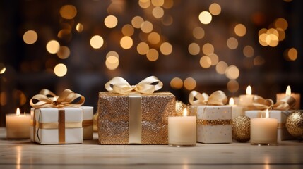 Hyper-realistic scene showcasing stylishly wrapped white and gold Christmas gifts placed on an empty table, surrounded by enchanting blurred bokeh lights. Sophisticated and festive setting, refined pr