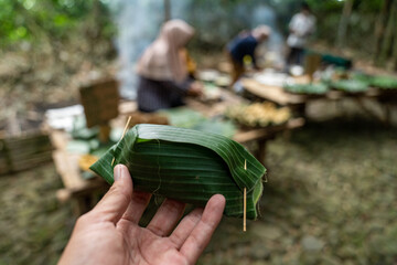 Traditional food or snacks from Indonesia wrapped by banana leaves. Environmental friendly wrapper...