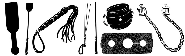 BDSM hand drawn clipart in black and white colors. White background - obrazy, fototapety, plakaty