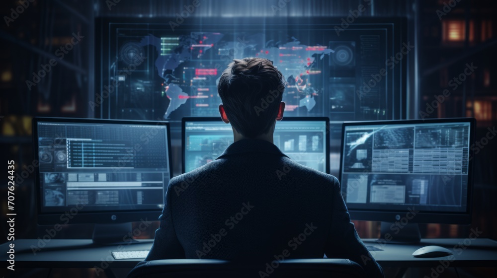 Poster journalist analyzing data on a computer screen, in-depth research, surrounded by reports and documen