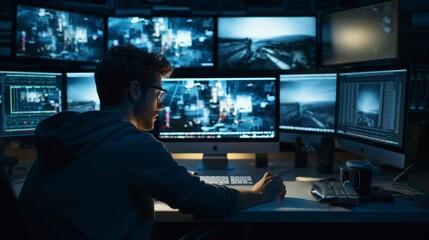 Journalist editing footage in a video editing suite, focused on storytelling, computer screens and editing software visible Generative AI