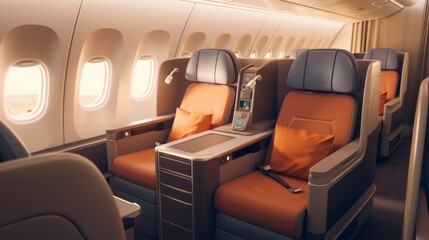 Lavish business class cabin interior of an aircraft, featuring luxurious seats, ample legroom, and premium amenities Generative AI