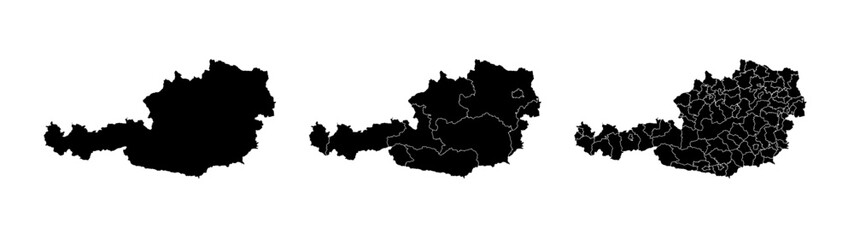 Set of isolated Austria maps with regions. Isolated borders, departments, municipalities.