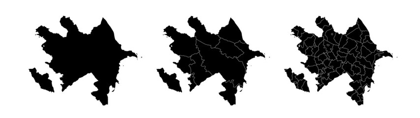 Set of isolated Azerbaijan maps with regions. Isolated borders, departments, municipalities.