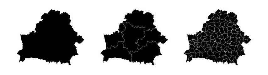 Set of isolated Belarus maps with regions. Isolated borders, departments, municipalities.