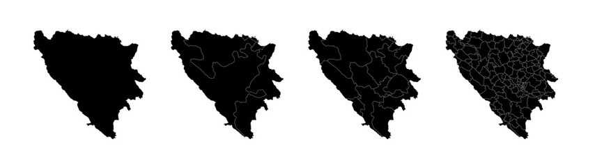 Set of isolated Bosnia And Herzegovina maps with regions. Isolated borders, departments, municipalities.
