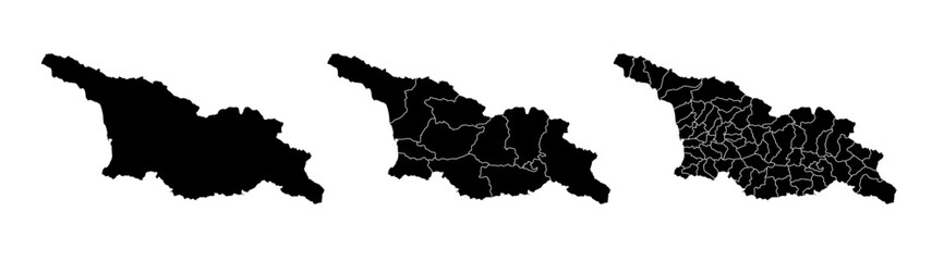 Set of isolated Georgia maps with regions. Isolated borders, departments, municipalities.