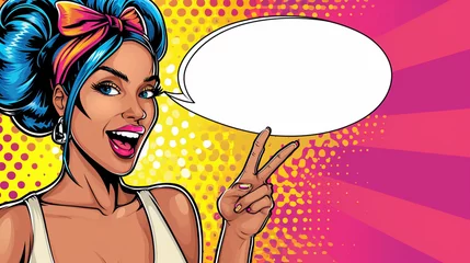 Tafelkleed Wow pop art. Multi-culturel womans with open smile and hand pointing on empty speech bubble. Vector colorful background in pop art retro comic style. © Furkan