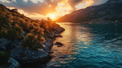 Majestic Norwegian fjords, warm sunset hues, aerial drone view, tranquil waters, detailed sunset scene Generative AI - obrazy, fototapety, plakaty