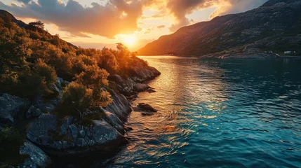 Photo sur Plexiglas Rizières Majestic Norwegian fjords, warm sunset hues, aerial drone view, tranquil waters, detailed sunset scene Generative AI