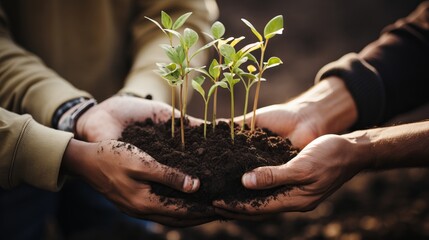 Hands Holding Small Plant in Fertile Soil for Sustainable Growth - Eco-Awareness Concept, Close-Up