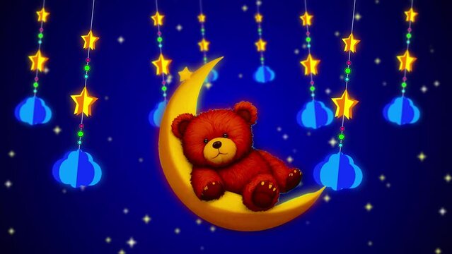 cute bear cartoon sleeping on moon, best loop video screen background for a lullaby to put a baby to sleep, calming, relaxing