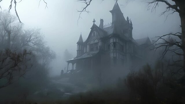 The desolate manor is surrounded by a thick fog that never seems to lift. As you get closer, you can hear the whispers of lost souls and the scratching of unseen creatures. Fantasy animatio