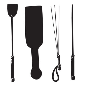 BDSM hand drawn paddle, flogger, whip and crop in black and white colors. Vector illustration. 