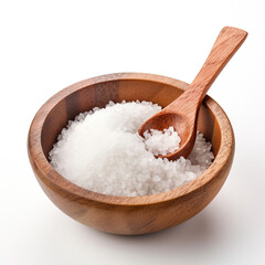 Fototapeta na wymiar Salt in wooden bowl with spoon on white background
