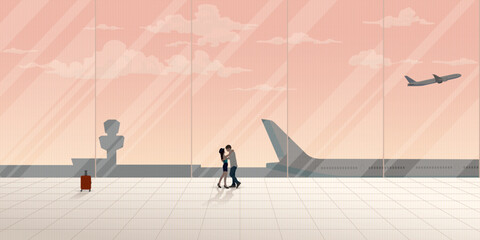Couple of lover embracing at the airport's lobby have plane and vanilla sky background through windows vector illustration. Happy ending scene concept.