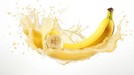 Banana with milk splash on white background