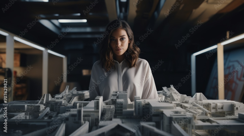 Poster Portrait of a female architect with a scale model, presenting architectural concepts, architectural studio backdrop Generative AI