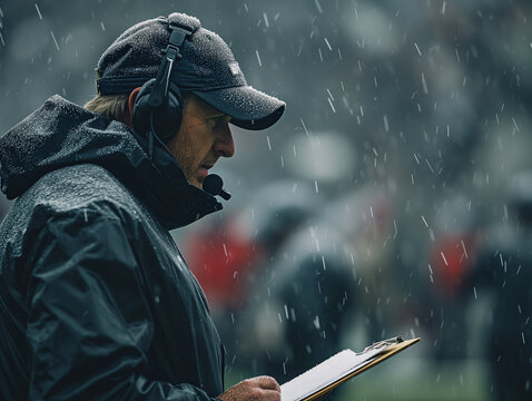 American Football Coach on Sideline During Game with Wet Conditions