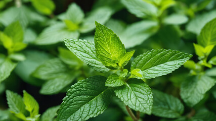 Mint leaves in the garden, peppermint leaf plants, Medicine plant background, Mint leaves background. Green Peppermint leaves Pattern layout design Top view. Spearmint plant growing