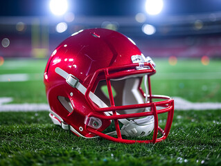 Red American Football Helmet on Football Field - obrazy, fototapety, plakaty