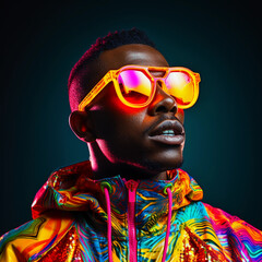 Portrait of Fashion African man with neon costume and glasses in style of retro futurism, colorful bright cool look 