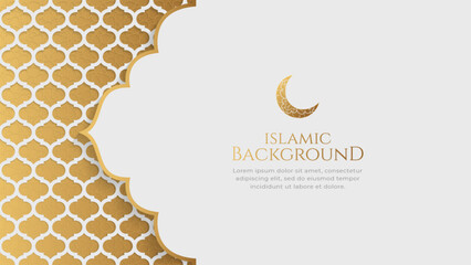 Islamic Arabic Arabesque Ornament Pattern Luxury Golden White Background with Copy Space