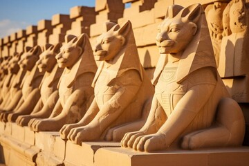 Sphinxes lining Karnak Temple, Luxor, Egypt. Generative AI