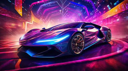 Obraz na płótnie Canvas Exotic car presented at a glamorous automotive event with vibrant show light