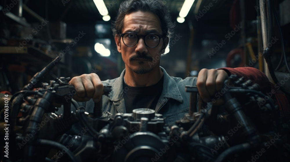 Poster portrait of an auto mechanic with engine parts, conducting diagnostics, showcasing technical skills 