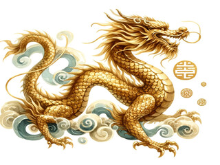 Fototapeta premium watercolor illustrations of a mythical gold dragon in an isolated setting, symbolizing health, wealth, and happiness. These images capture the majestic and prosperous essence of the dragon.