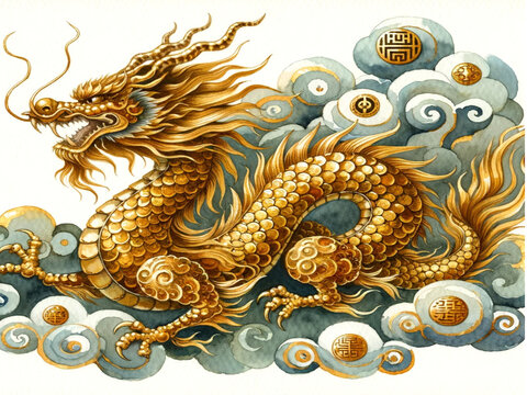 watercolor illustrations of a mythical gold dragon in an isolated setting, symbolizing health, wealth, and happiness. These images capture the majestic and prosperous essence of the dragon.