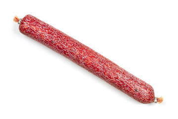 Smoked salami sausage isolated on white background. A stick of smoked sausage close-up.