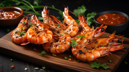 Spicy grilled prawns with sauce ready to eat  - obrazy, fototapety, plakaty