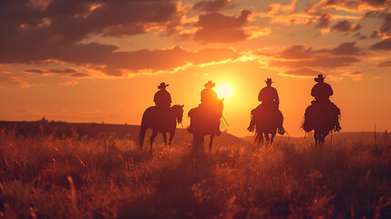 Horse Riders On Horses At Sunset, American People, Generative Ai