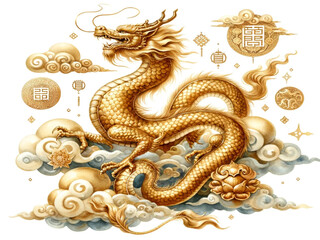 watercolor illustrations of a mythical gold dragon perched on a cloud in an isolated setting, symbolizing health, wealth, and happiness. These images capture the majestic and prosperous essence of the