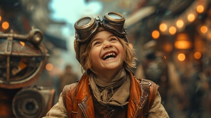 Realistic portrayal of a child in steampunk attire in a post-apocalyptic setting, laughing and playing with a positive spirit Generative AI