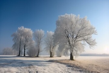Winter scenery in meadow with trees. Generative AI