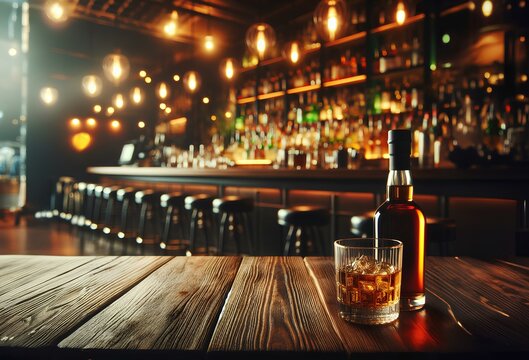 This wooden table in a bar with a blurry bar background