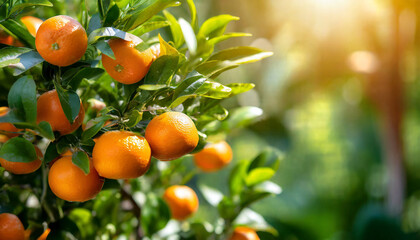 Citrus branches with organic ripe fresh oranges tangerines growing on branches with green leave background