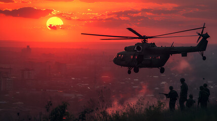 Fototapeta na wymiar Ranger Helicopter Flying In Sunset, War Concept, Generative Ai