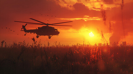 Fototapeta na wymiar Ranger Helicopter Flying In Sunset, War Concept, Generative Ai