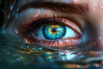 AI generated illustration of a woman's eye above the surface of water