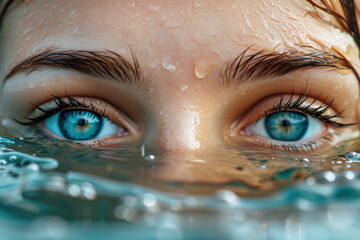 AI generated illustration of a woman's eye above the surface of water - obrazy, fototapety, plakaty