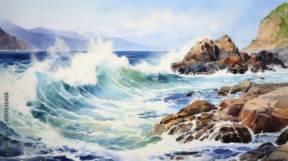 Poster rugged coastlines with crashing waves. aquarelle generative ai